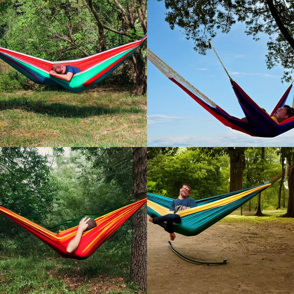 Prompt: A person sleeping in a hammock that is high in the sky