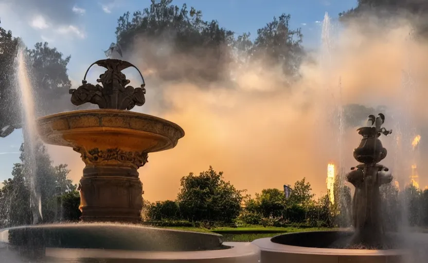 Image similar to a beautiful photo of a roundabout with a fountain shooting fire instead of water, sunset lighting, intricate detail, photorealistic