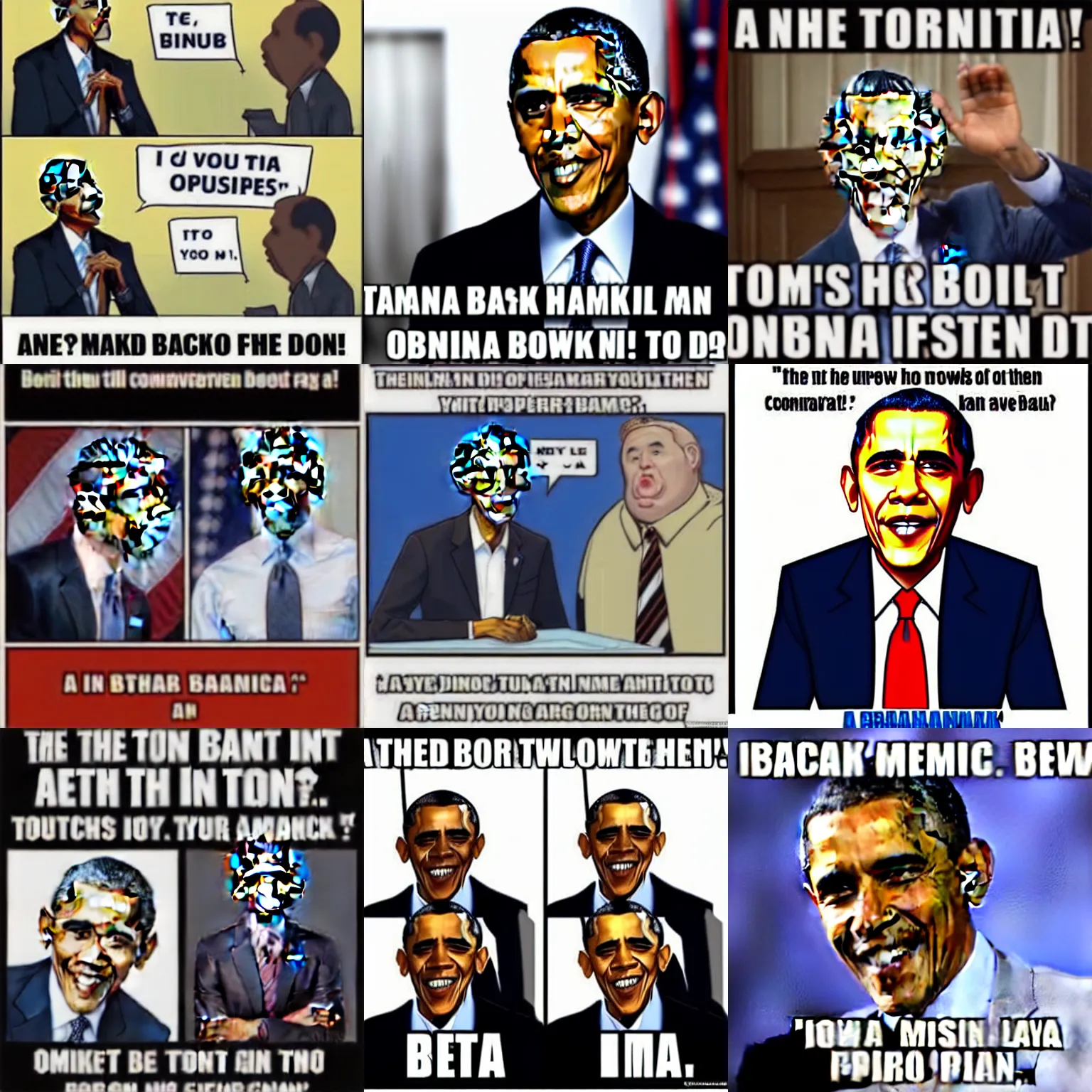 Prompt: a hilarious conservative Barack Obama meme, iFunny Impact font bottom text