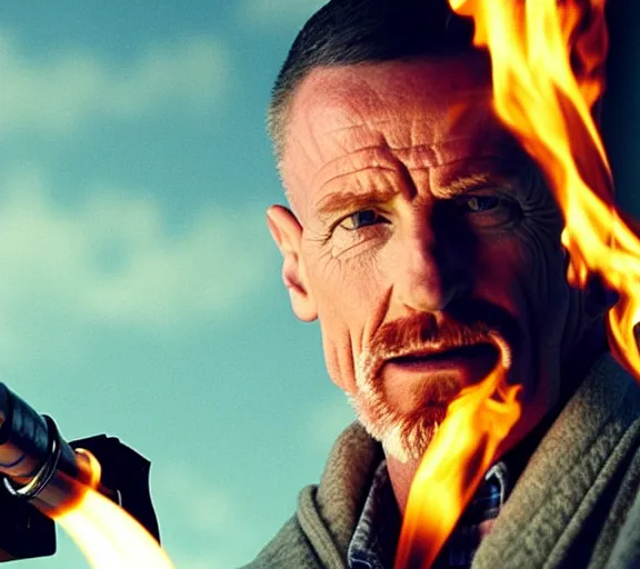 Image similar to flynn from breaking bad holding a flamethrower, movie still, photorealistic, clean composition