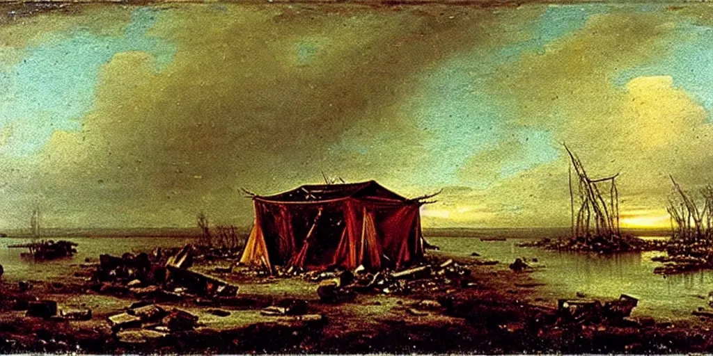 Image similar to remains of an abandoned camp of franklin ’ s lost expedition on an desolate arctic island, romanticist oil painting