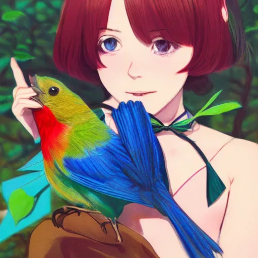 Image similar to colored pencil, anime art, beautiful full body female pinup girl, she is holding an indigo bunting bird, in her hand, the bird is wearing a bowtie, wlop, rossdraws sakimimichan, ilya kuvshinov, krenz cushart, greg rutkowski