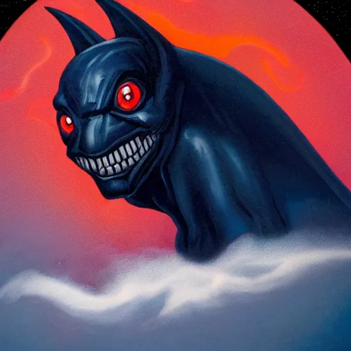 Image similar to detailed full body of scary giant mutant dark blue humanoid bat, glowing red eyes flying above a stormy ocean, sharp teeth, acid leaking from mouth, realistic, giant, bat ears, bat nose, bat claws, bat wings, furred, covered in soft fur, detailed, 85mm f/1.4