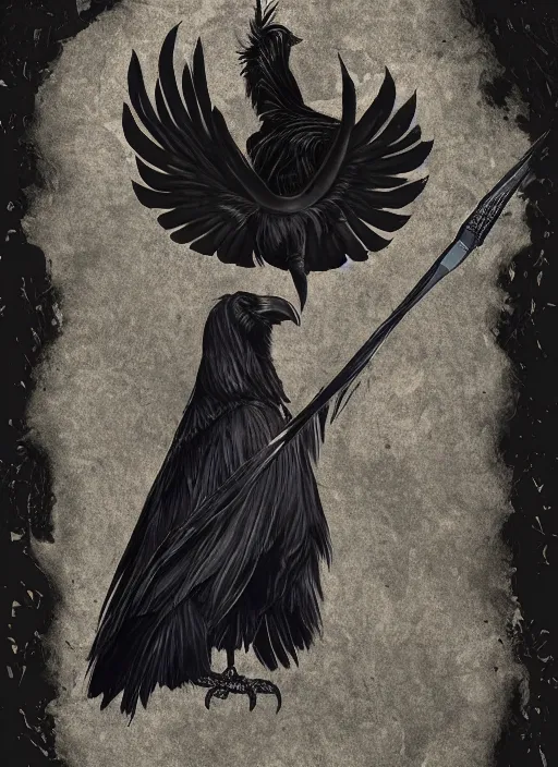 Image similar to portrait centered on a raven in a vantablack cloak and holding a symbolic weapon. painting in the style of symbolism. portrait hung up in a windows 9 8 wallpaper. r / oldschoolfantasy