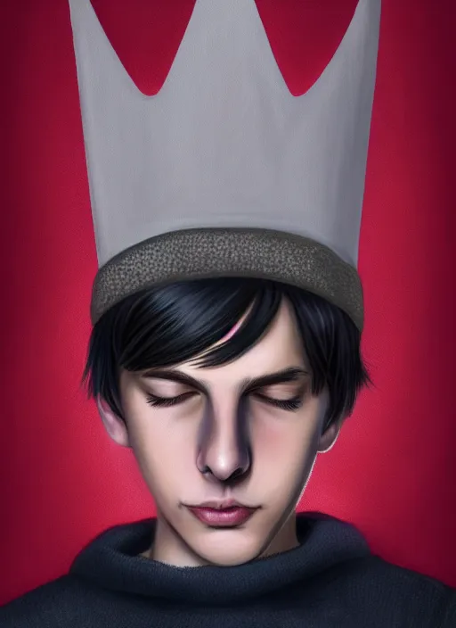 Image similar to portrait of teenage jughead jones wearing a light grey crown, photorealistic, crown, sweater with letter s on it, hamburger, eyes closed, crown, black hair, intricate, elegant, glowing lights, highly detailed, digital painting, artstation, concept art, smooth, sharp focus, illustration, art by wlop, mars ravelo and greg rutkowski