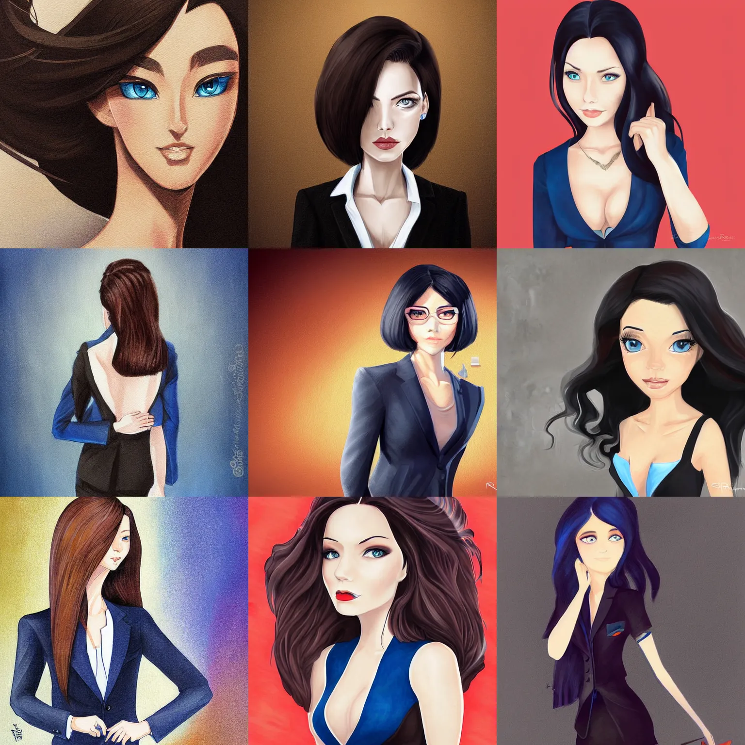 Prompt: cartoon render painting of a strikingly gorgeous assiniboine and mandan woman with blue eyes and dark brown hair, wearing a modern black business suit, by rossdraws