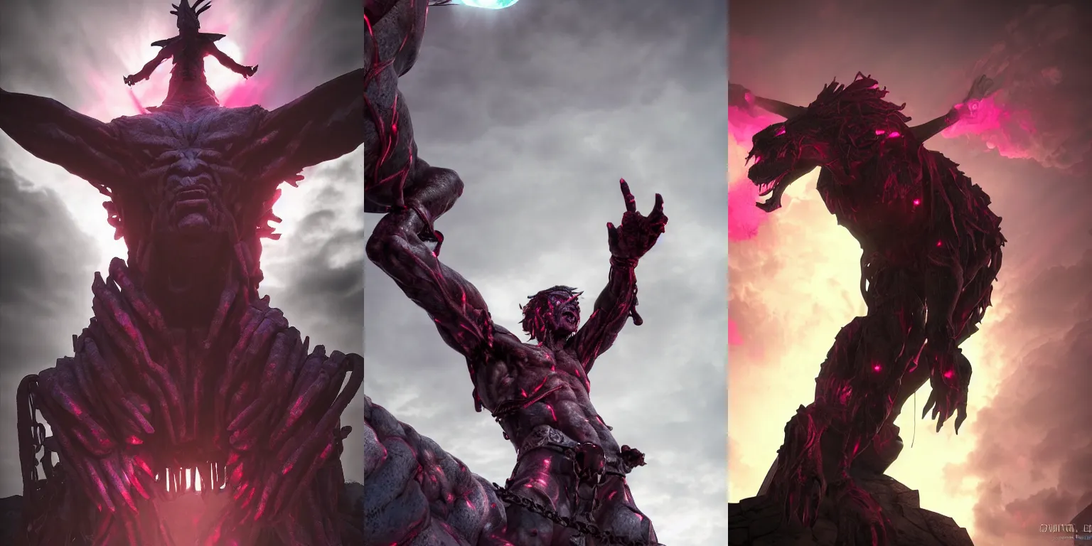 Prompt: Giant demonic statue. Howling. Enchained, chains, restrained. Bloom, volumetric lighting. Red, magenta, blue lighting. Fantasy, digital painting, HD, 4k, detailed.