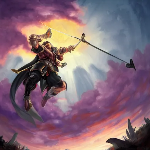 Image similar to painting of raphael from soulcalibur!!!!!, watching a purple and orange sunset!!, from the black mage cemetery!!!, in the style of justin gerard!!!!