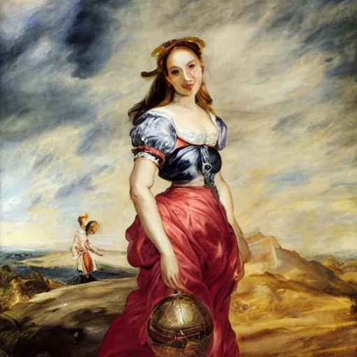 Image similar to heavenly summer sharp land sphere scallop well dressed lady standing next to a honda civic, auslese, by peter paul rubens and eugene delacroix and karol bak, hyperrealism, digital illustration, fauvist, standing next to a honda civic