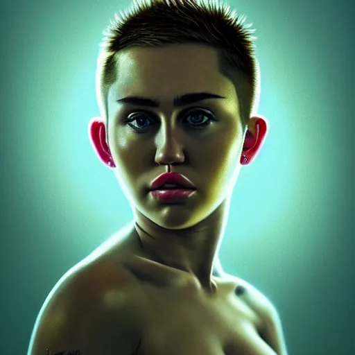 Image similar to Riveting Miley Cyrus portrait, atmospheric lighting, painted, intricate, volumetric lighting, beautiful, rich deep colors masterpiece, golden hour, sharp focus, ultra detailed, by Leesha Hannigan, Ross Tran, Thierry Doizon, Kai Carpenter, Ignacio Fernández Ríos