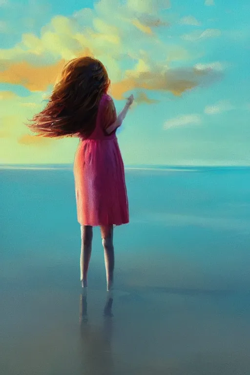 Image similar to closeup giant dahlia flower head, girl standing on beach, surreal photography, blue sky, sunrise, dramatic light, impressionist painting, digital painting, artstation, simon stalenhag