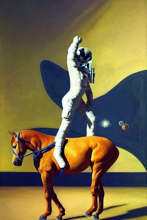 Image similar to an astronaut lifts a horse with his mind and makes it levitate, hauntingly surreal, highly detailed painting by francis bacon, edward hopper, adrian ghenie, gerhard richter, and james jean soft light 4 k,