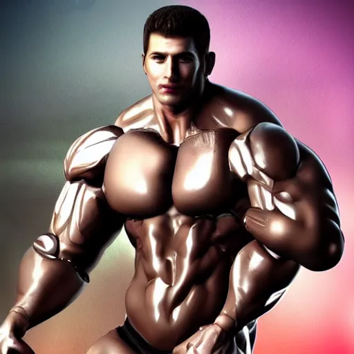 Image similar to a realistic detailed photo of a bodybuilder who is also a male android, Chris Redfield, shiny skin, posing robotically. blank stare