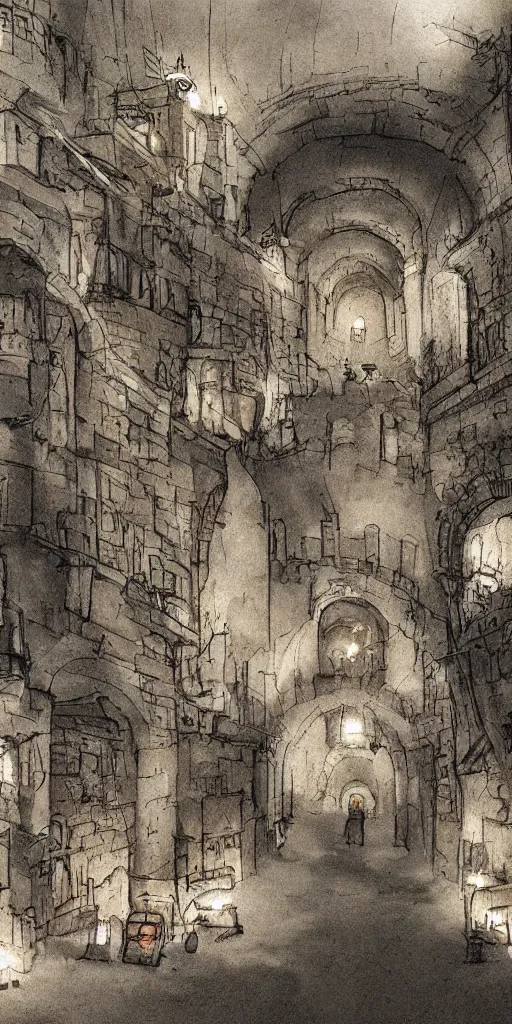 Prompt: concept art for a medieval underground city