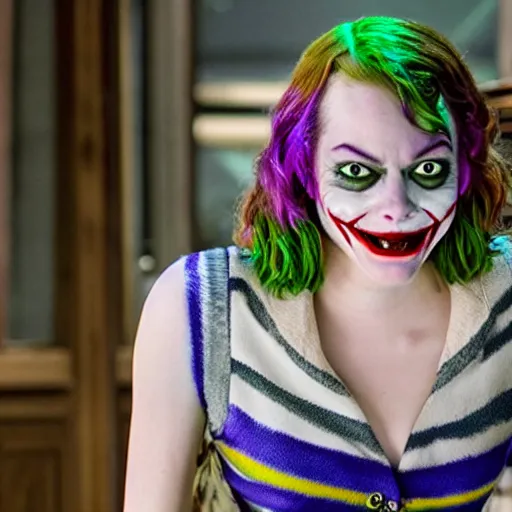 Prompt: Emma Stone playing The Joker smiling maniacally 8k HDR