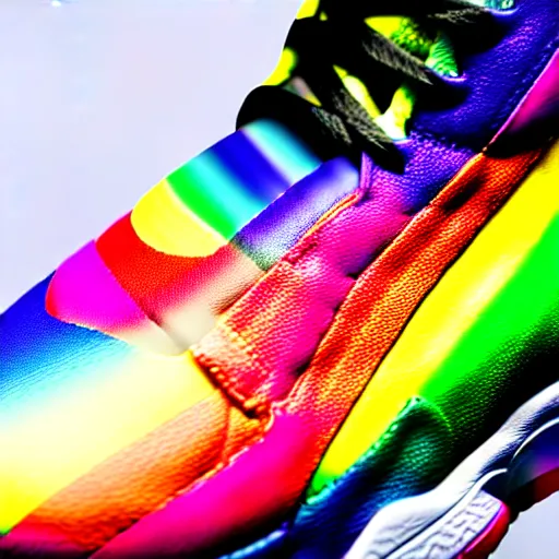 Image similar to photography of a realistic rainbow color air jordan sneaker, ultra detailed, 8 k, product view, white background