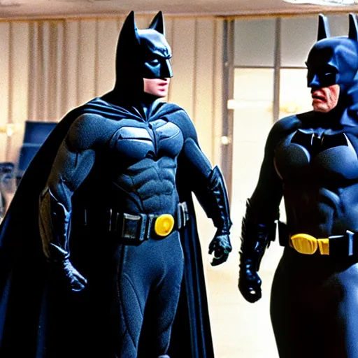 Prompt: bruce wayne as batman meeting christian bale as batman meeting michael keaton as batman meeting michael keaton as birdman