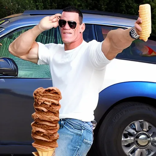 Image similar to John Cena holding an ice cream inside a car
