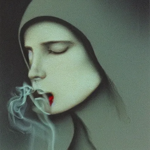 Prompt: a young adult black nun smoking and puffing lots of smoke, minimalistic background, by Beksinski