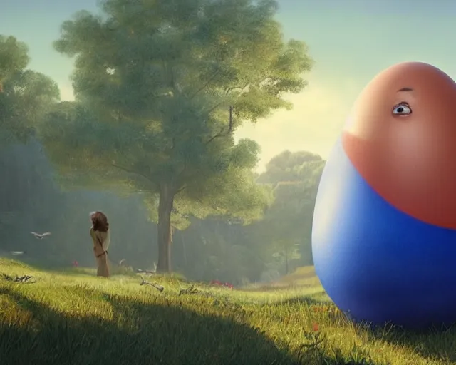 Image similar to of a very beautiful scene. a sweet fat old woman is in love with a huge, colorful and beautiful egg. hyper realistic. 4 k. wide angle. in the baroque style. wild. symmetrical face, red mouth, blue eyes. deep focus, lovely scene. processing block environment. concept art. unreal engine.