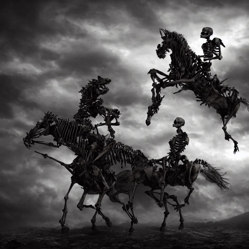 Prompt: a skeleton on a horse in the abyss, dark and mysterious, stopped in time, atmospheric, ominous, eerie, cinematic, epic, 8 k, 4 k, ultra detail, ultra realistic