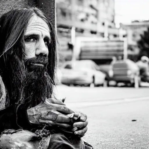 Image similar to anthony kiedis as a homeless hobo living under a bridge, street photography, 4 k, ultra realistic, highly detailed,