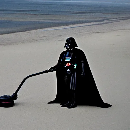 Image similar to darth vader vacuuming the sand on a beach