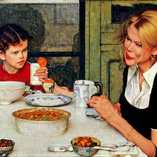 Prompt: Nicole Kidman and Judi Bowker sitting at a table eating soup::artist is Norman Rockwell