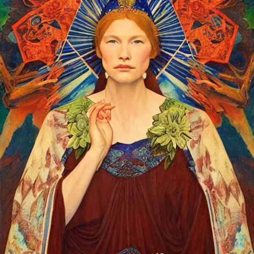 Prompt: queen of the dawn mountains, by annie swynnerton and charlie bowater and diego rivera and nicholas roerich and jean delville, dramatic lighting, brocade robes, elaborate floral ornament, rich colors, smooth sharp focus, extremely detailed