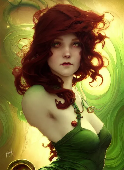 Prompt: close up portrait of shifty leprechaun, dark red hair, floating magical charms by artgerm, cushart krenz, greg rutkowski, mucha. art nouveau. gloomhaven, swirly liquid ripples, green tones, vibrant colors, sharp edges. ultra clear detailed. 8 k. elegant, intricate, octane render