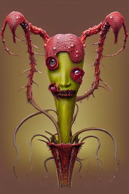 Image similar to portrait of a mutant carnivorous plant robot, intricate, Drosera capensis, dystopian, eyelashes as snap traps of Dionaea muscipula, extremely detailed, digital painting, sculpted in zbrush, artstation, concept art, smooth, sharp focus, illustration, chiaroscuro lighting, golden ratio, rule of thirds, fibonacci, incredible art by Stanley Artgerm Lau and Greg Rutkowski, composition by mike mignola and Simon Stalenhag,