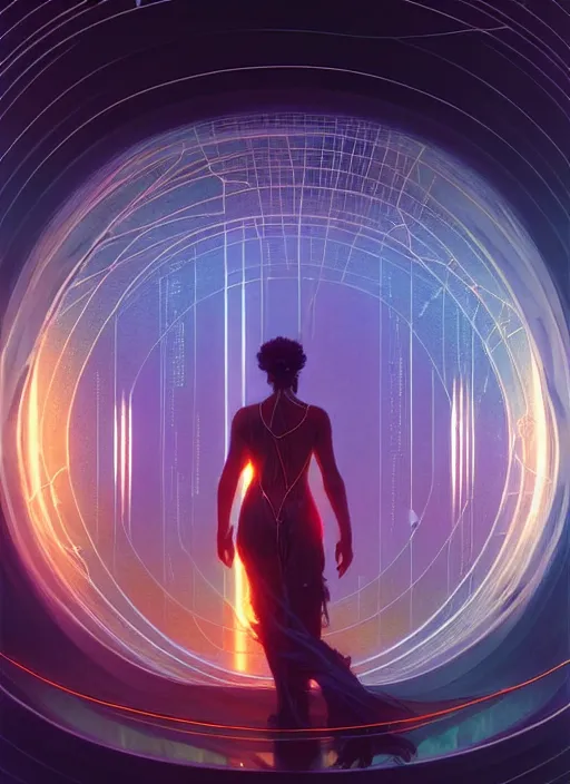 Prompt: high depth, collective civilization diversity, calm, healing, resting, life, hybrids, scifi, glowing lights!!, published concept art, mixed medias, image overlays, sharp focus, thin glowing wires, winning illustration, art by greg rutkowski and alphonse mucha, singularity!!!, 3 6 0 projection