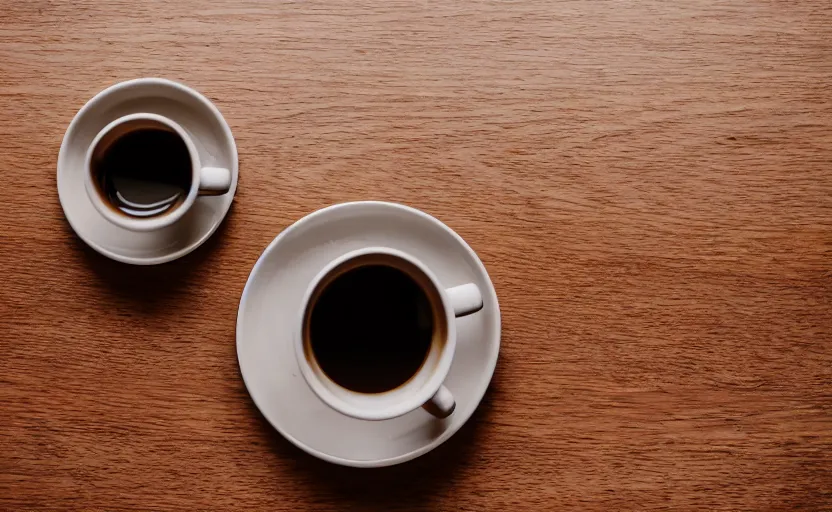 Image similar to top view of a wooden table with a cup of coffee, natural light, cinematic lighting, 8 k