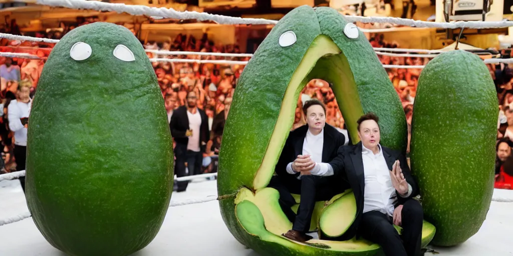 Prompt: elon musk inside of a giant avacado, realistic, cinematic photogtaphy, fruit celebrity, avacado dream, elon musk dresms of sitting inside of avacados, avacado chairs, avacado halloween costumes, in a boxing ring, photography