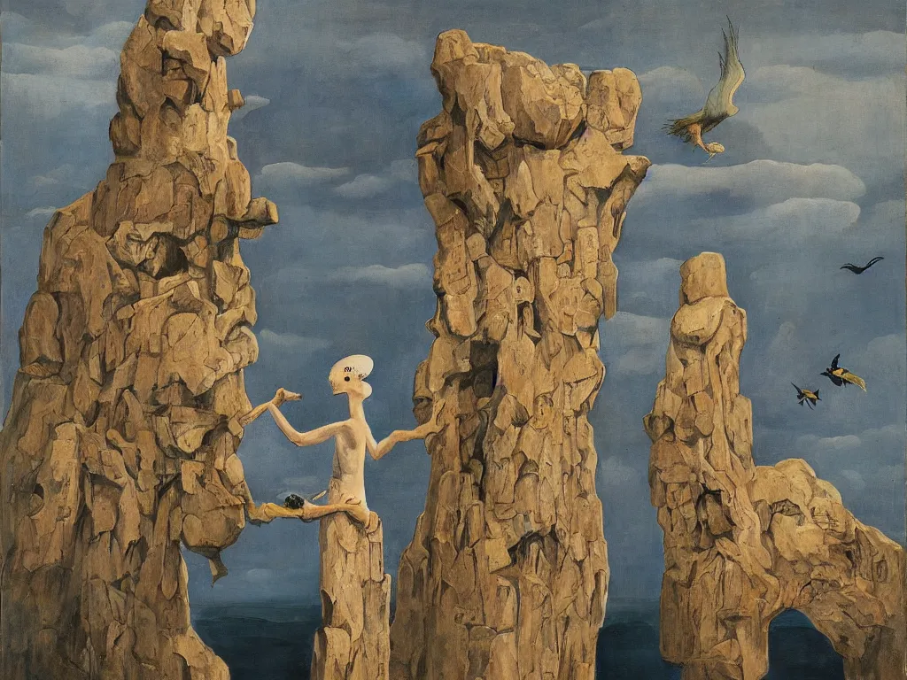 Image similar to Albino mystic with his back turned, looking in the distance in the mountains at giant totemic archaic sculpture mask Henri Moore sculpted temple from Lapis Lazuli with beautiful exotic crane. Painting by Jan van Eyck, Beksinski, Audubon, Rene Magritte, Agnes Pelton, Max Ernst, Walton Ford