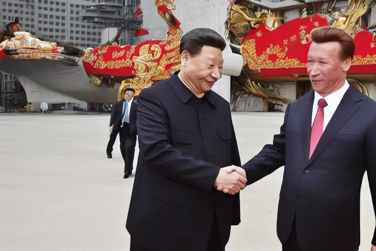 Image similar to xi jinping and arnold schwarzenegger shaking hands