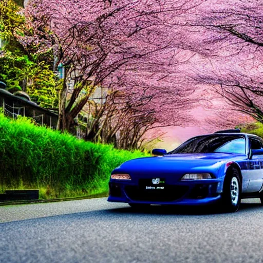 Image similar to a jdm mazda rx 7 2 0 8 9 futuristic version, cyber punk look hovering by mount fuji early in the morning with a few blossom trees around, high quality photo