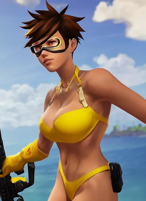 Image similar to tracer game character, in yellow bikini, blonde hair, black eyes, full height