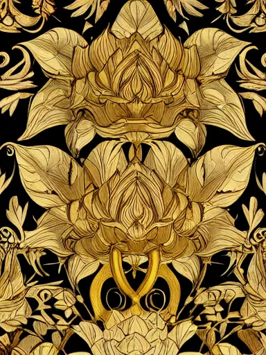 Image similar to golden lotus flowers on dark background, ornamental, symmetry, color harmony, golden ratio, william morris, hokusai, trending on artstation, character design, detailed, intricate, hypermaximalist, elegant, ornate, luxury, elite, atmospheric, matte painting, wide shot, two heads