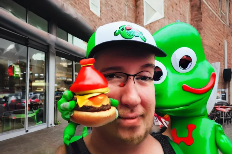 Prompt: I took a selfie with the corporate mascot of fast food chain frog burger, selfie photography, 55mm