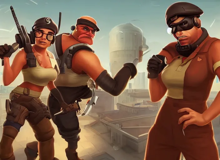 Image similar to aoc as a character in team fortress 2 battling ben shapiro as a character from team fortress 2, character portrait, cinematic lighting, art by artgerm and tom bagshaw, team fortress character art, great battle