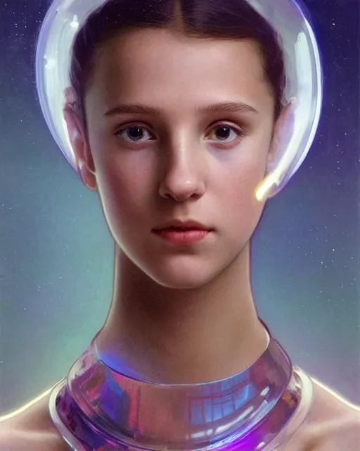 Image similar to a portrait painting of a shy, blushing 1 6 - year old alicia vikander or millie bobby brown, backlit, wearing a futuristic translucent iridescent plastic space suit in a space station, elegant, highly detailed, artstation, concept art, by krenz cushart and donato giancola and william adolph bouguereau and alphonse mucha