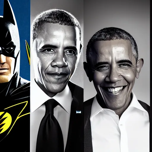 Prompt: group photo of Barack Obama as Batman, Donald trump as aqua man, and Joe Biden as The Flash. studio lighting, depth of field, photography, black and white, highly detailed