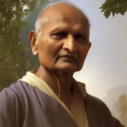 Prompt: an oil painting of Nisargadatta Maharaj, by Bouguereau, highly detailed and intricate, surrounded by nature