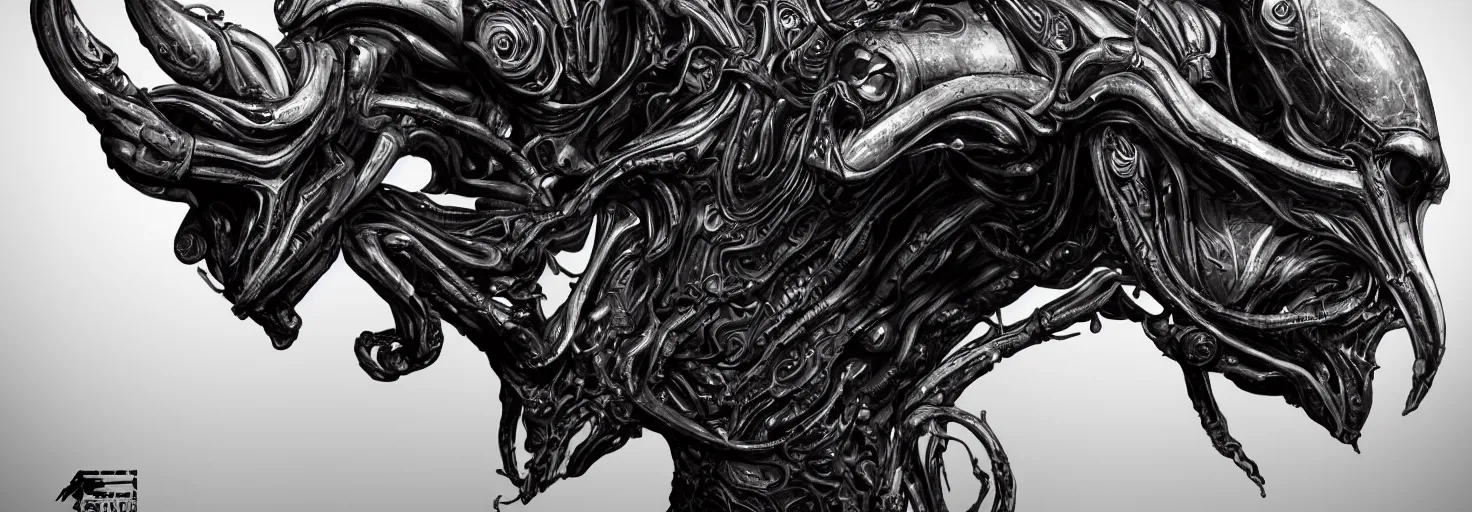 Image similar to engineer alien bood face by Artgerm, xenomorph alien, highly detailed, symmetrical long head, blood color, smooth marble surfaces, detailed ink illustration, raiden metal gear, cinematic smooth stone, deep aesthetic, concept art, post process, 4k, carved marble texture and silk cloth, latex skin, highly ornate intricate details, prometheus, evil, moody lighting, hr geiger, hayao miyazaki, indsutrial Steampunk