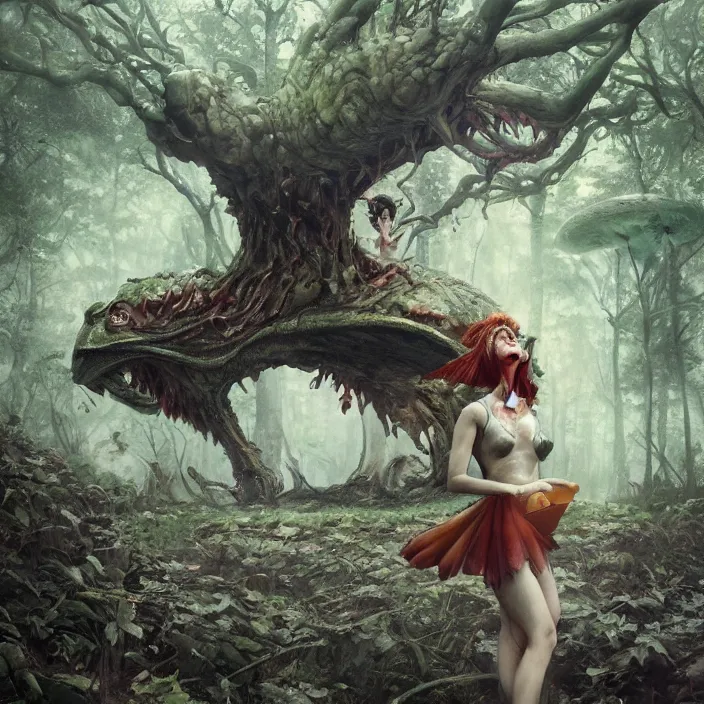 Image similar to Carnivore godlike fairy eating a frog alive , giant mushrooms , psychedel tint , Junji Ito and Greg rutkowski