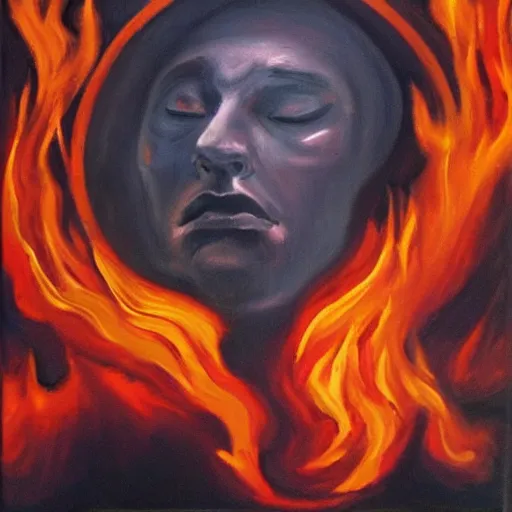 Prompt: Male god dealing with darkness and fire, oil painting