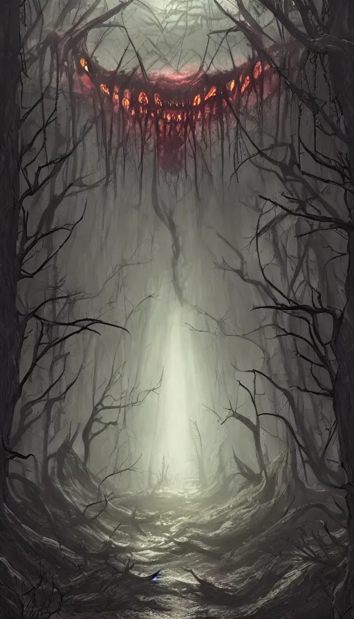 Image similar to a storm vortex made of many demonic eyes and teeth over a forest, by artstation