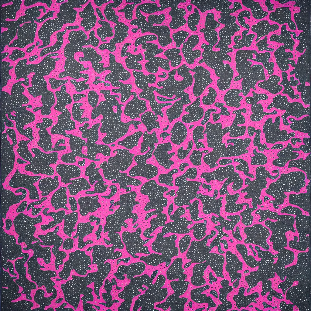 Image similar to camo made of out teeth, smiling, abstract, maya bloch artwork, pink convertible, do hoang tuong artwork, cryptic, dots, stipple, lines, splotch, concrete, color tearing, pitch bending, faceless people, tribal, dark, ominous, eerie, minimal, points, technical, painting