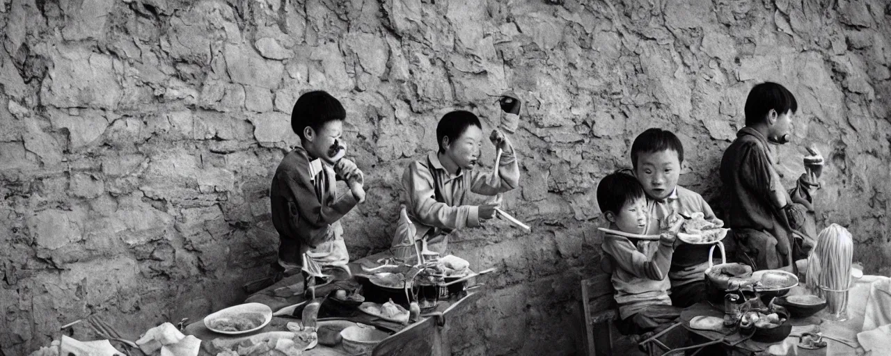 Prompt: eating spaghetti while constructing the great wall of china, fine detail, canon 5 0 mm, in the style of diane arbus, in the style wes anderson, kodachrome, retro